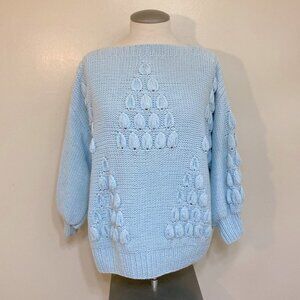 Vintage Light Blue Bubble Knit 3/4 Sleeve Knit Grandma Sweater S
